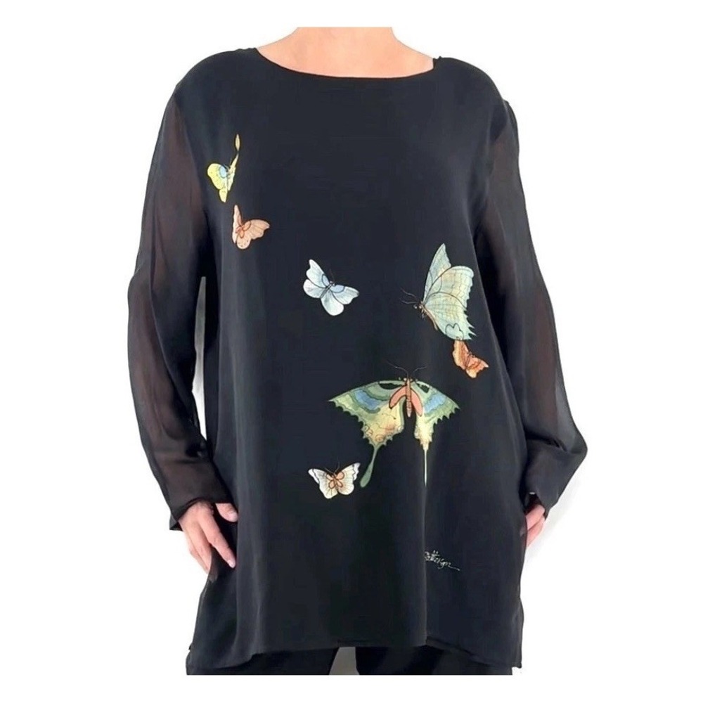 Vintage Silk Butterfly Tunic Top 1X Art To Wear Minimalist Lagenlook Whimsical